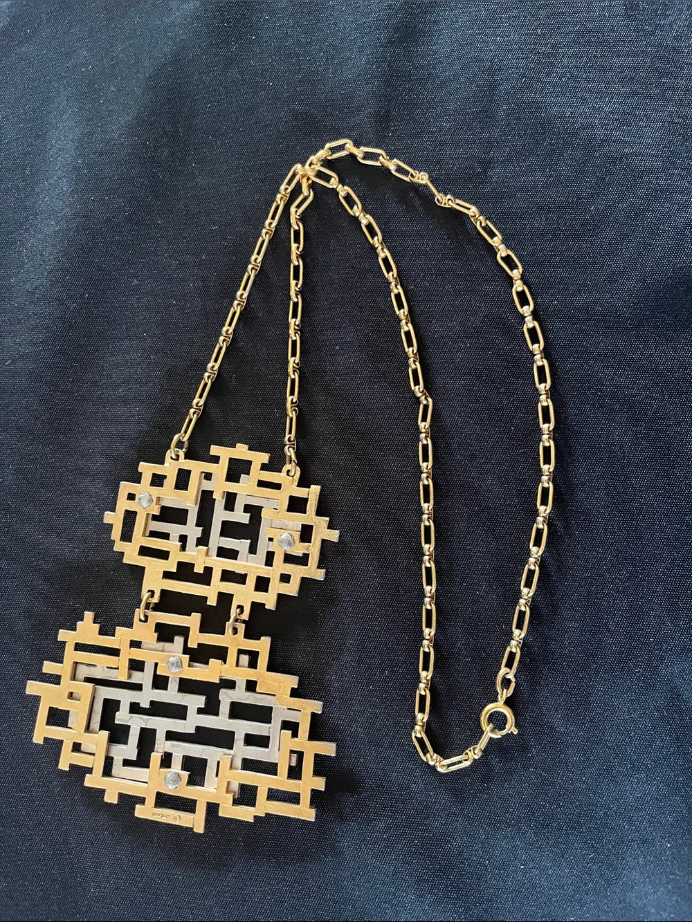 Vtg Napier 70s Geometric Maze Gold Silver 2 Pendant Statement Necklace Brutalist - Picture 2 of 6